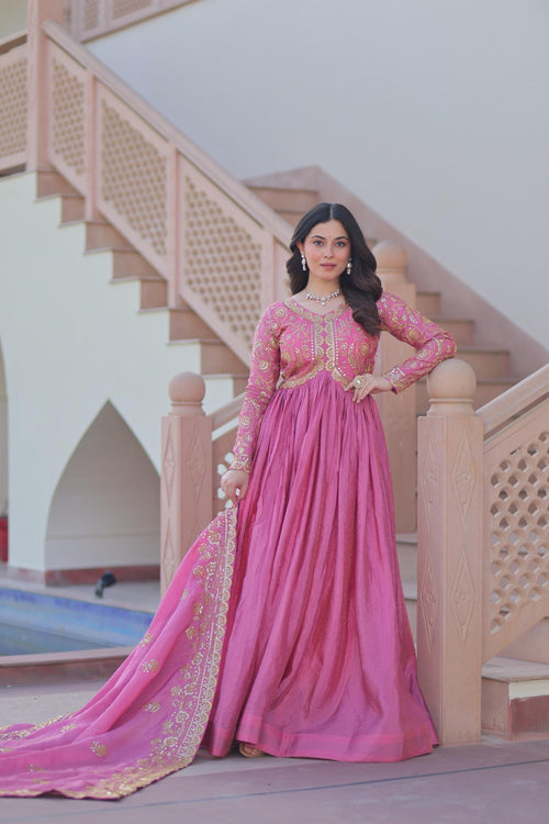 pink sequins embroidered anarkali gown for women
