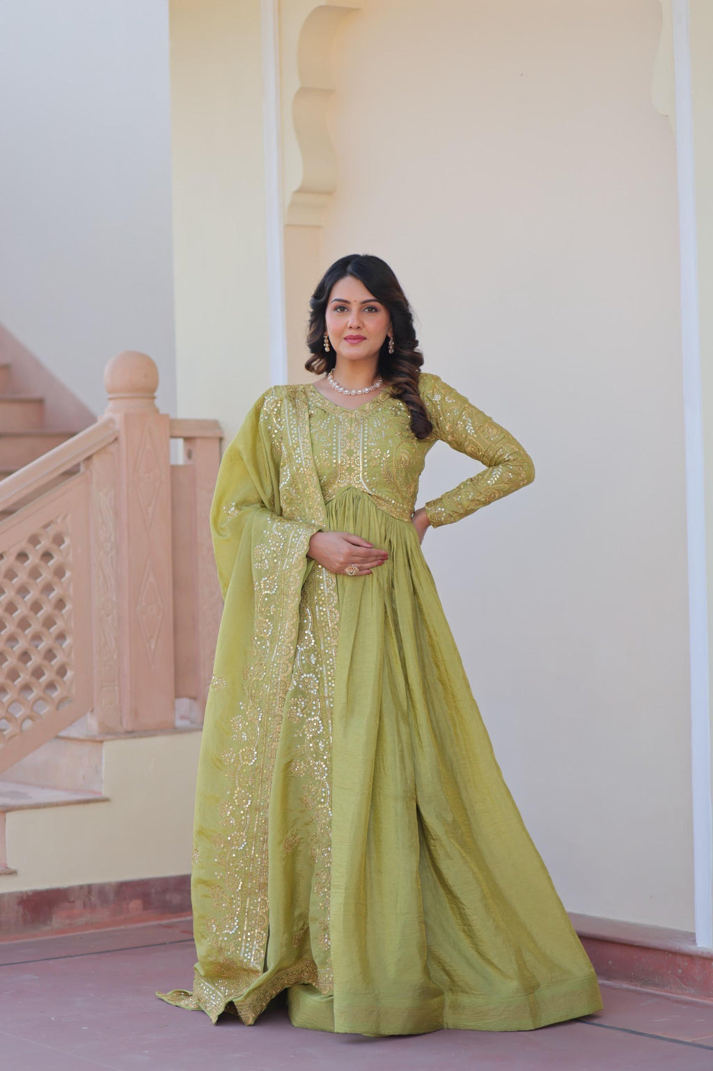olive green designer anarkali gown with embroidered dupatta
