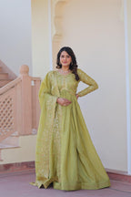olive green designer anarkali gown with embroidered dupatta