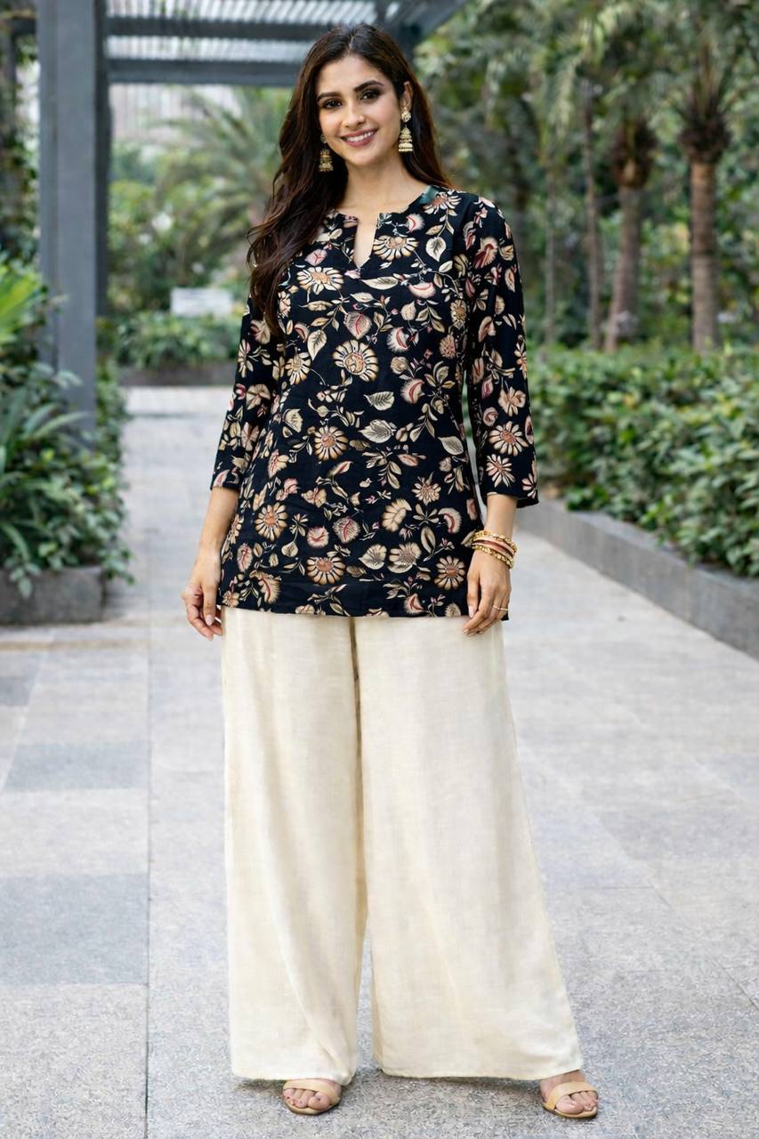 black floral rayon kurti palazzo set for women