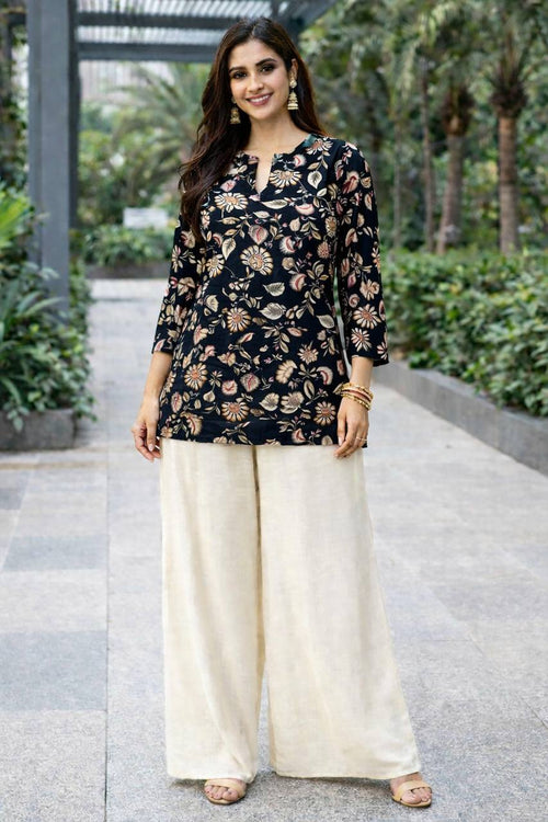 black floral rayon kurti palazzo set for women