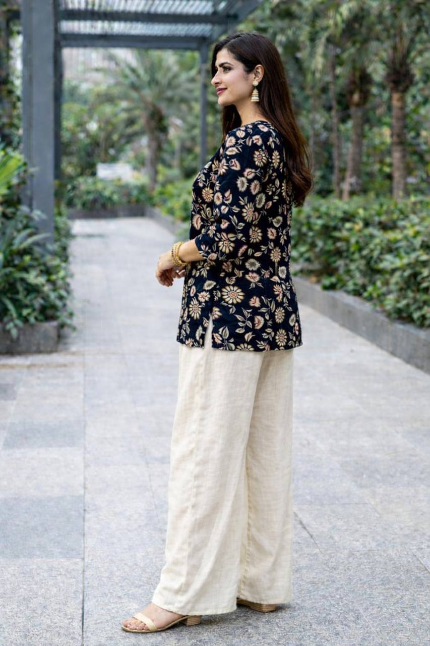 casual floral kurti palazzo set women black
