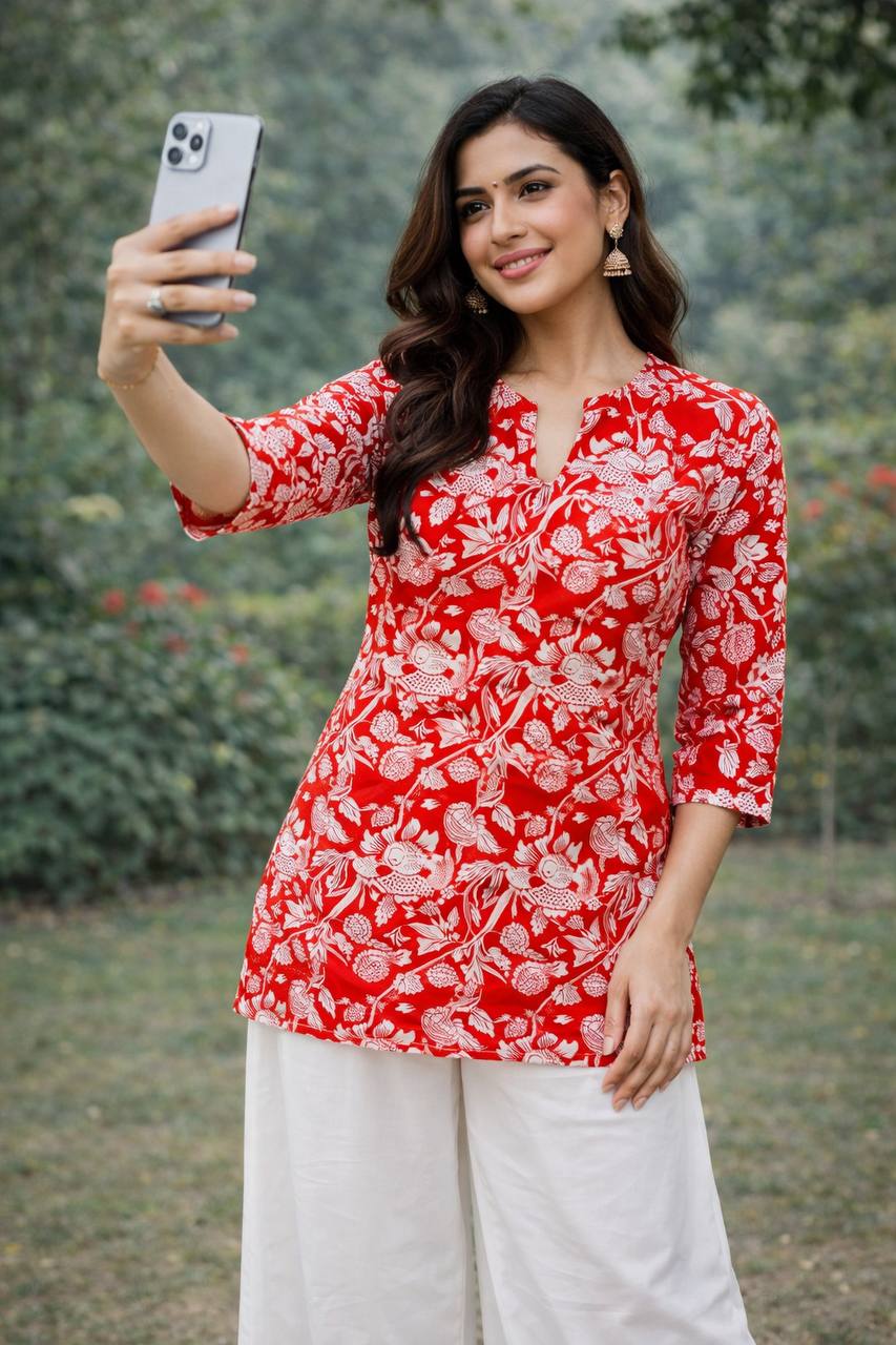 Woman taking a selfie wearing a red floral top and white pants outdoors.