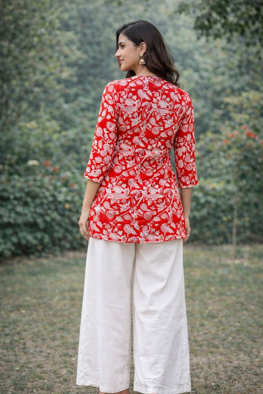stylish red kurti palazzo co ord outfit women