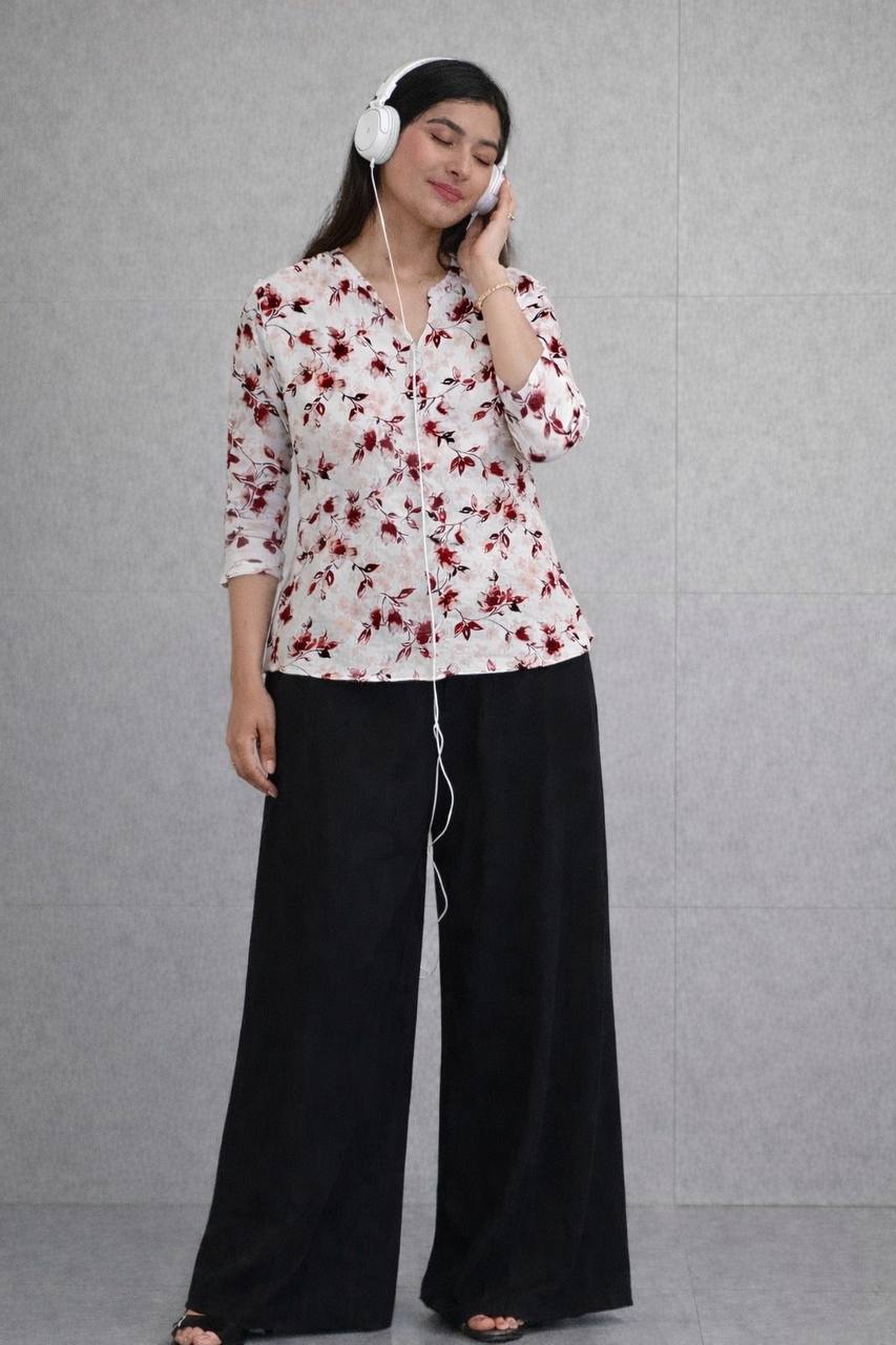 white floral printed rayon kurti palazzo set for women