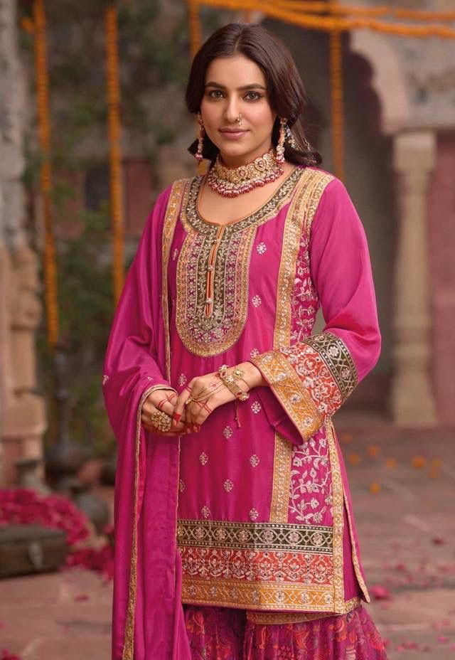 Woman in a traditional pink and gold embroidered outfit with jewelry, standing in a decorative setting.