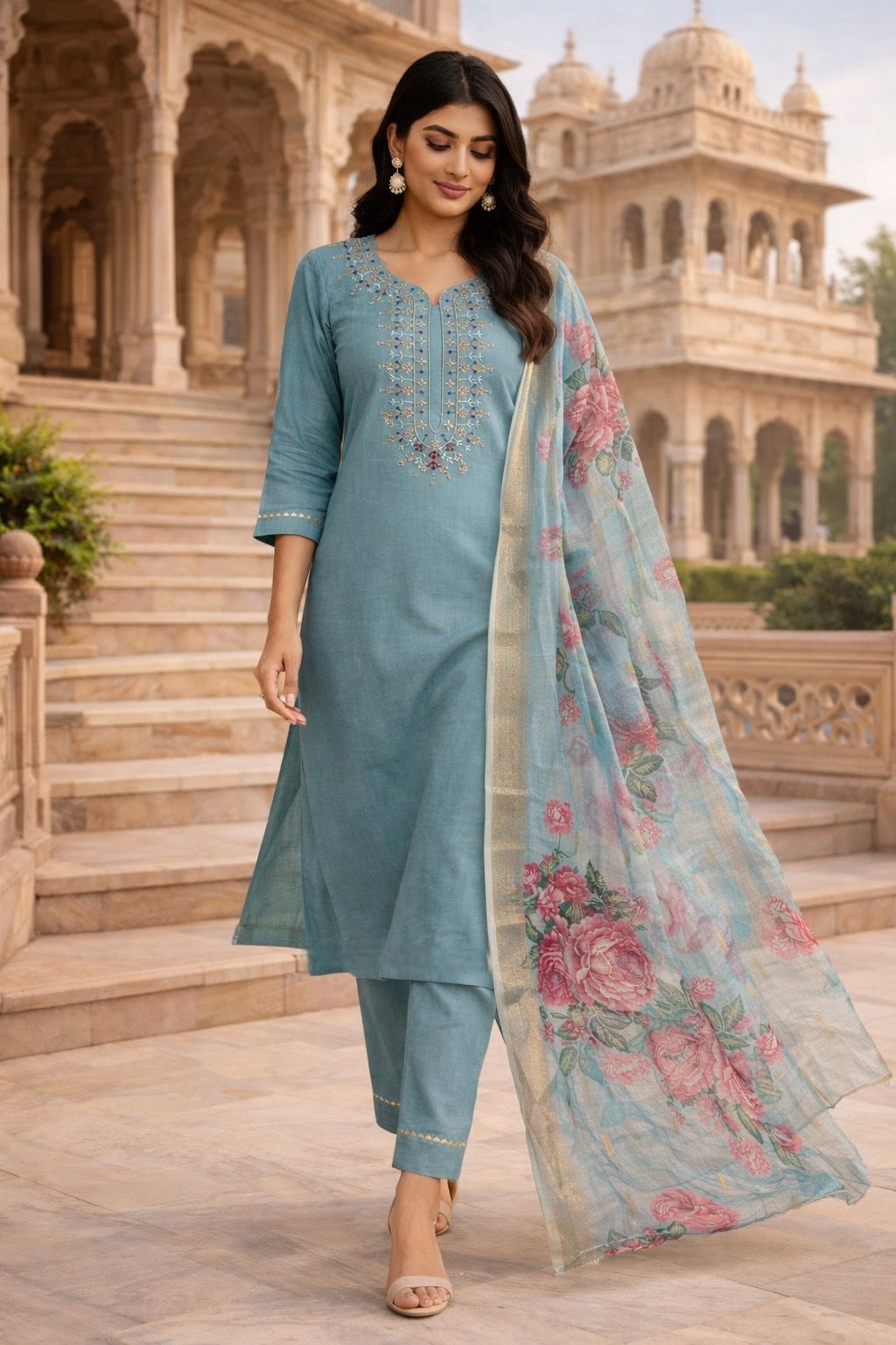 sky blue kurta pant dupatta set  