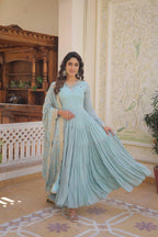 Faux Georgette Designer Gown with Dupatta – Embroidered Festive Wear for Women