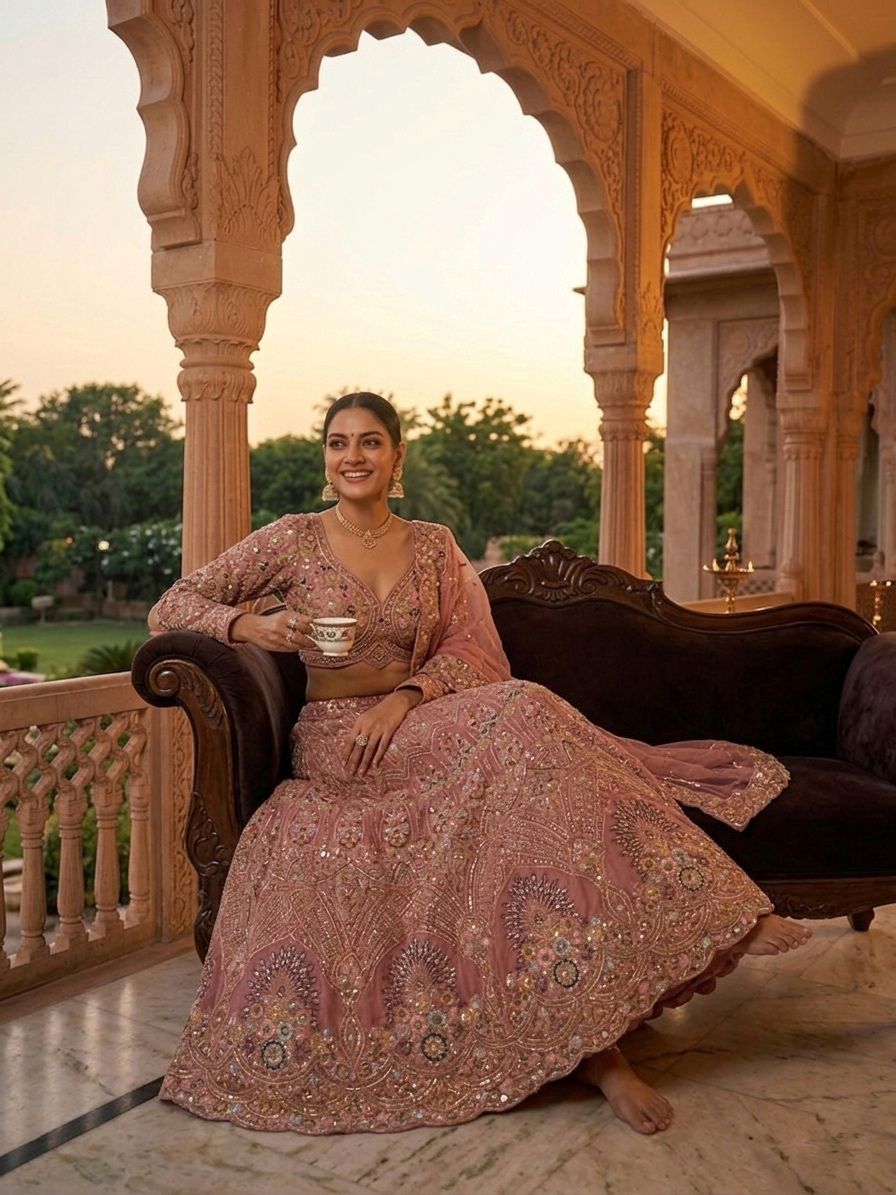 Woman in an embroidered pink traditional outfit sitting on a balcony with sunset view.