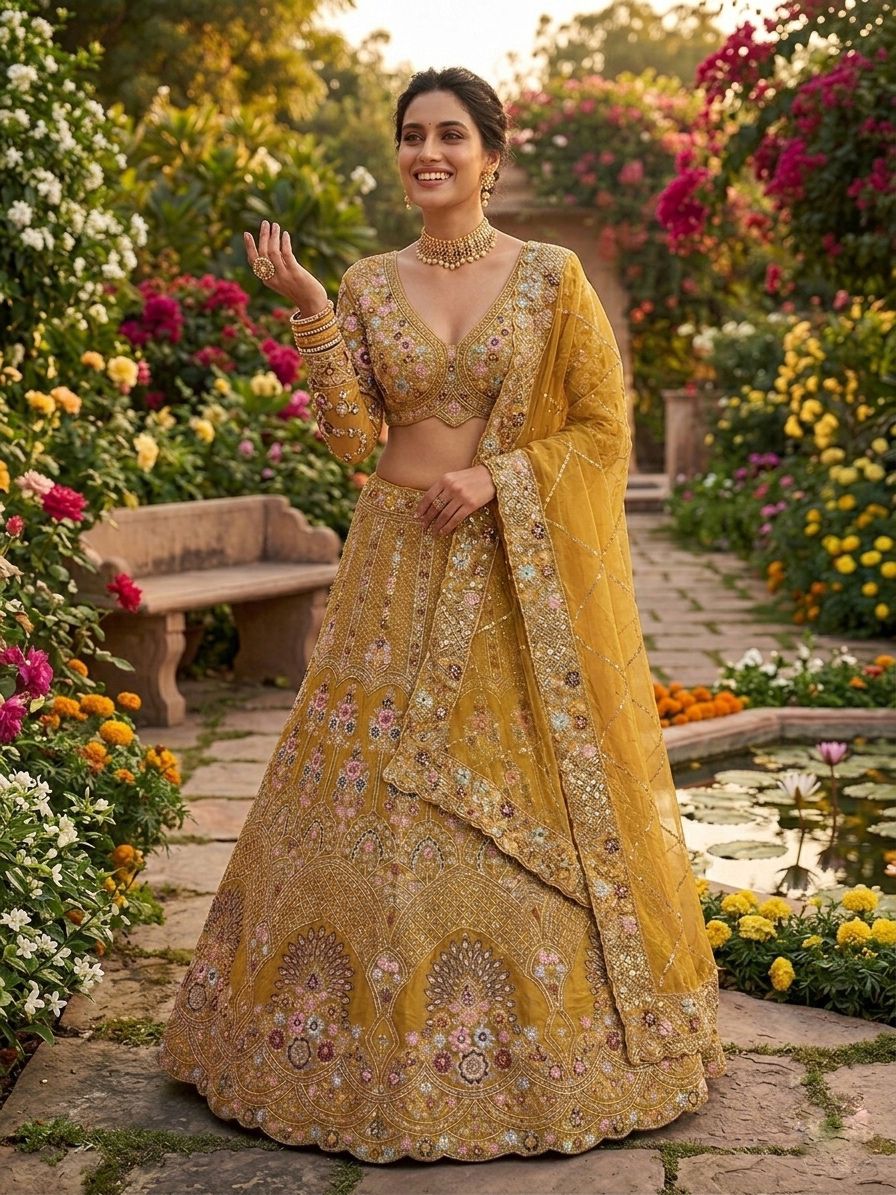 Woman in a yellow embroidered traditional outfit standing in a garden with flowers and a pond.