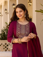 Elegant Rayon Slub Embroidered Kurti Pant Dupatta Set
