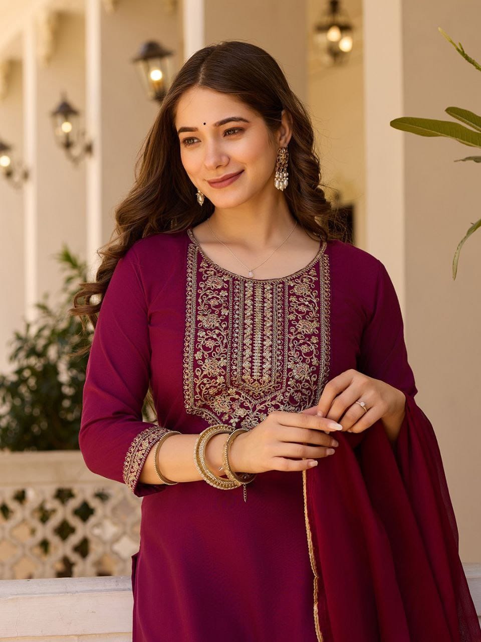 Elegant Rayon Slub Embroidered Kurti Pant Dupatta Set