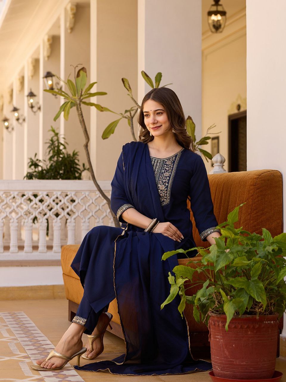 Elegant Rayon Slub Embroidered Kurti Pant Dupatta Set
