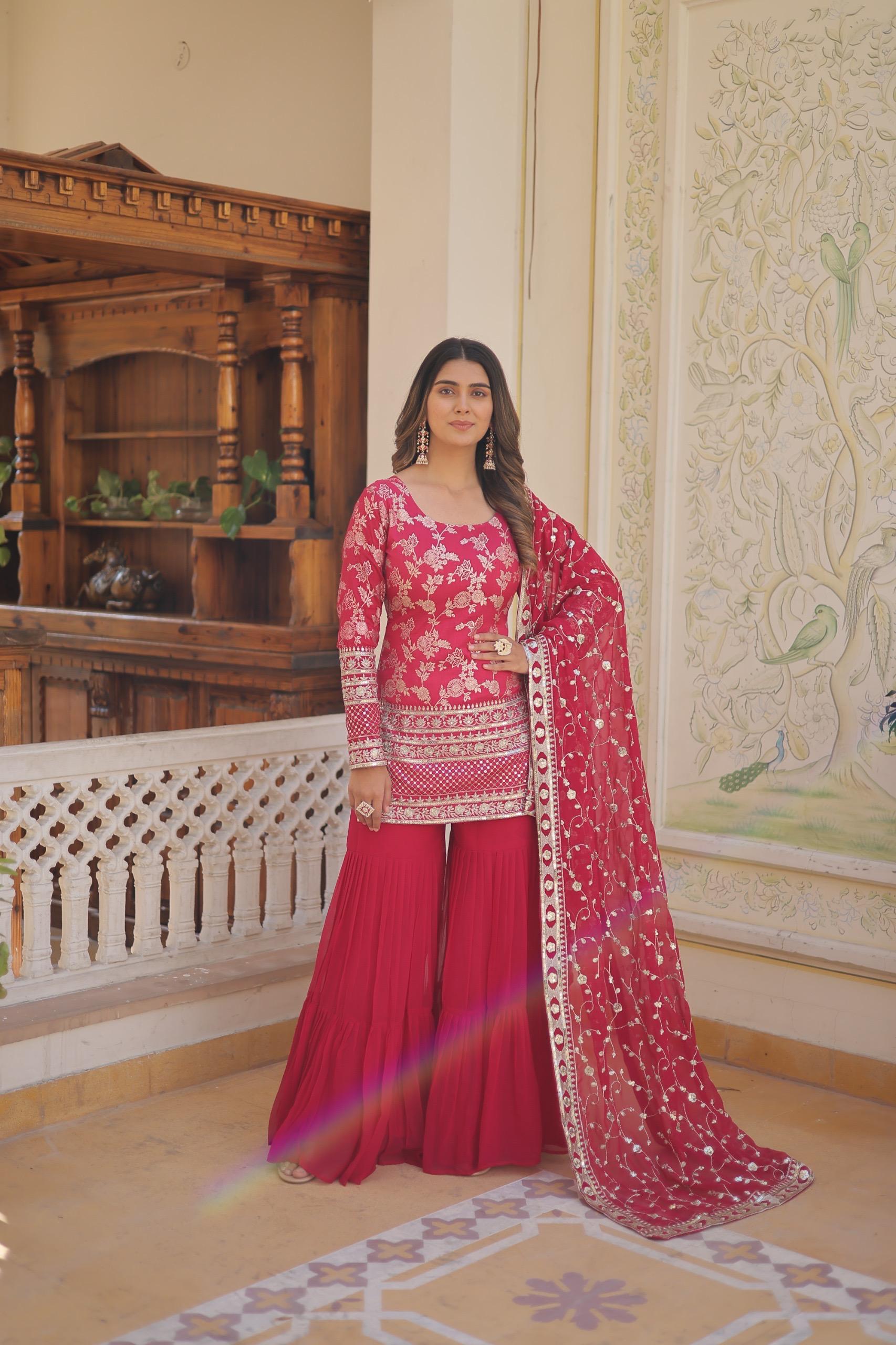 rani pink party wear gharara suit set with dupatta
