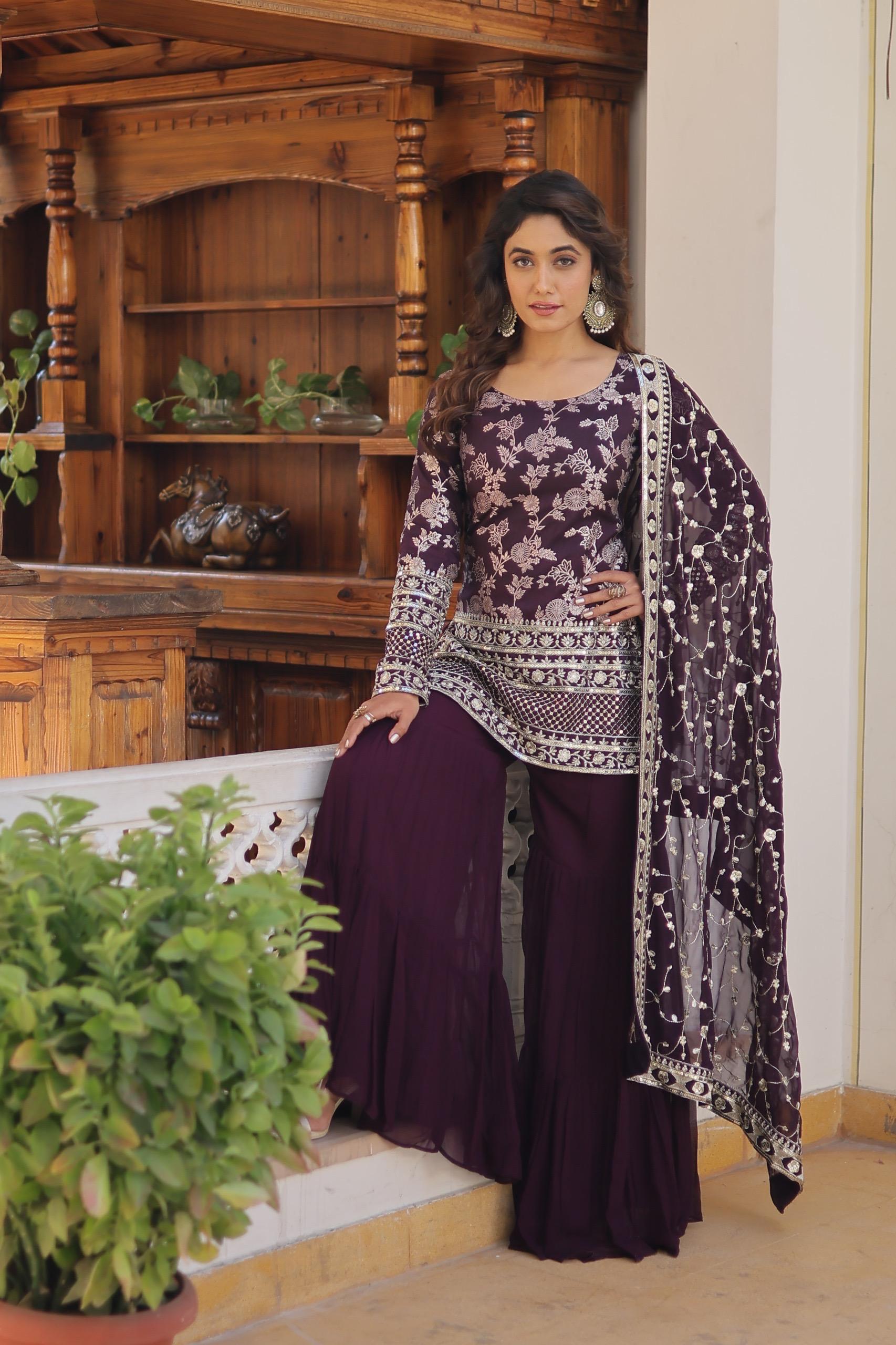 wine color sequins embroidered gharara suit for women