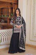black designer gharara suit with embroidered dupatta