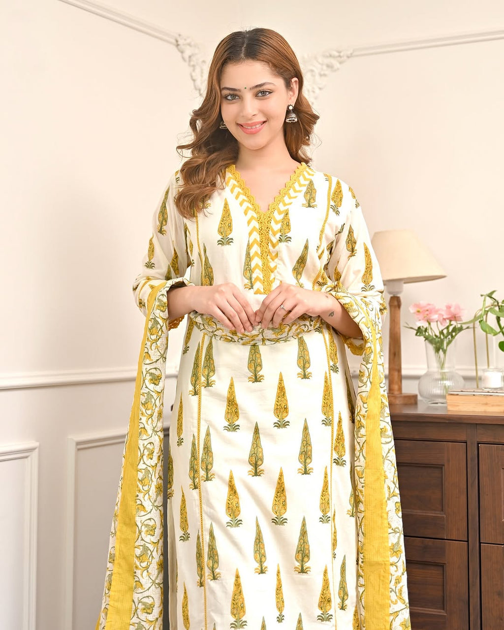 Close-up of mirror work neck on cotton kurta