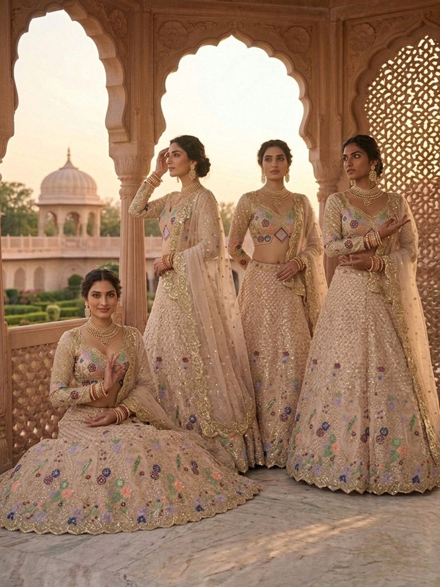 Three women in traditional embroidered dresses standing in front of an ornate archway.