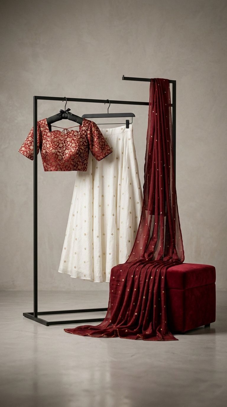 Berry cream lehenga choli set with jacquard blouse and wine dupatta
