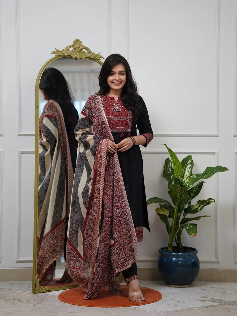 Black designer cotton kurta set with Kalamkari print dupatta