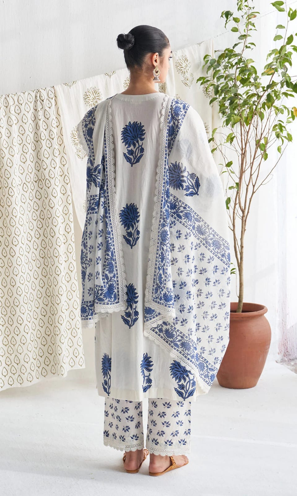 Back view of Jaipuri cotton suit set with floral print dupatta