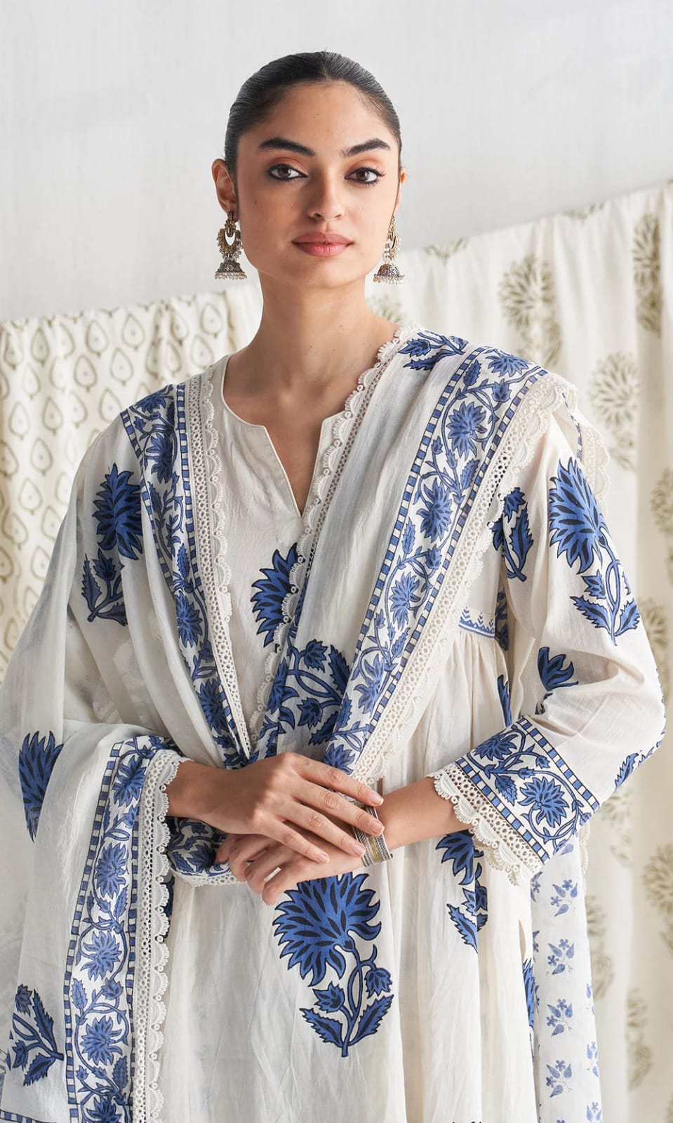 Close-up of designer Kalamkari cotton kurta detailing