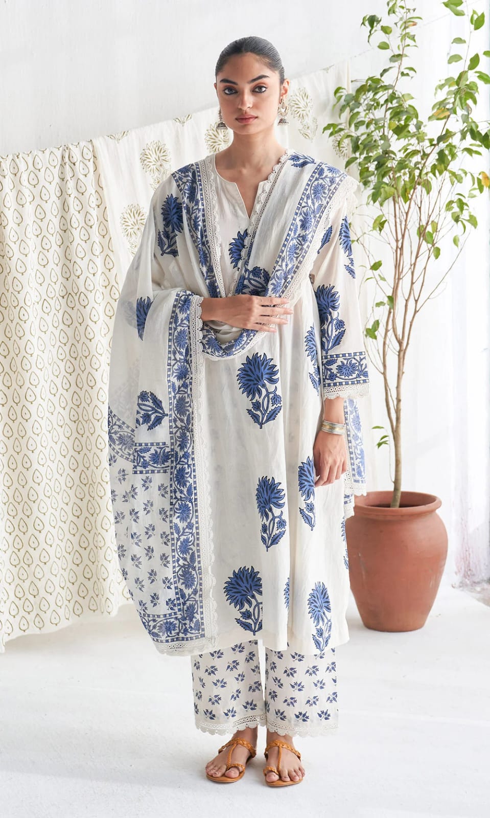 Blue Kalamkari print cotton kurta pant dupatta set for women