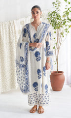 Blue Kalamkari print cotton kurta pant dupatta set for women