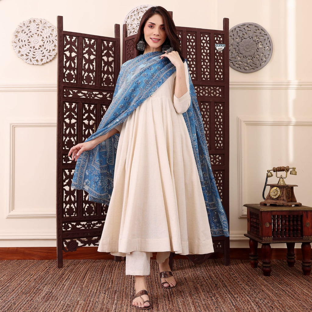chanderi kurti blue dupatta
