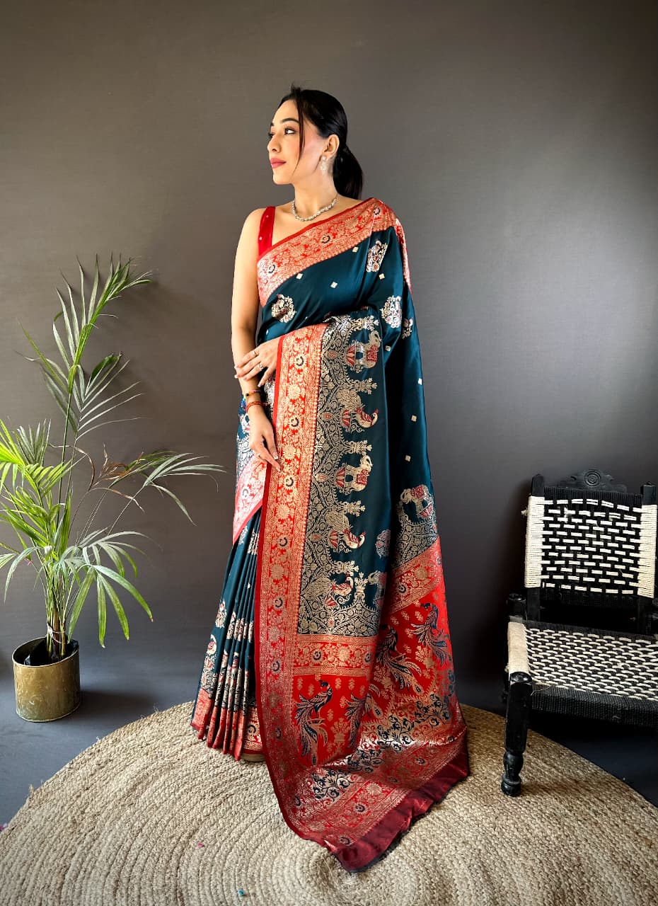 Dark green Banarasi silk saree with golden zari border and traditional ethnic design  