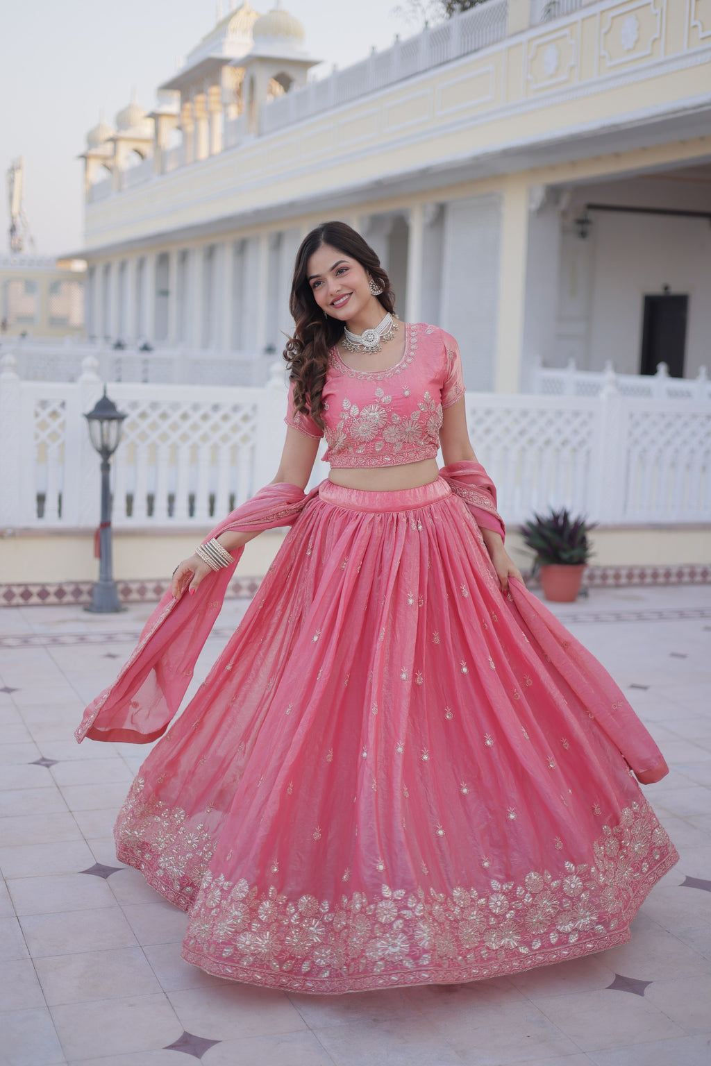 Pink lehenga dupatta with lace border and detailed embroidery
