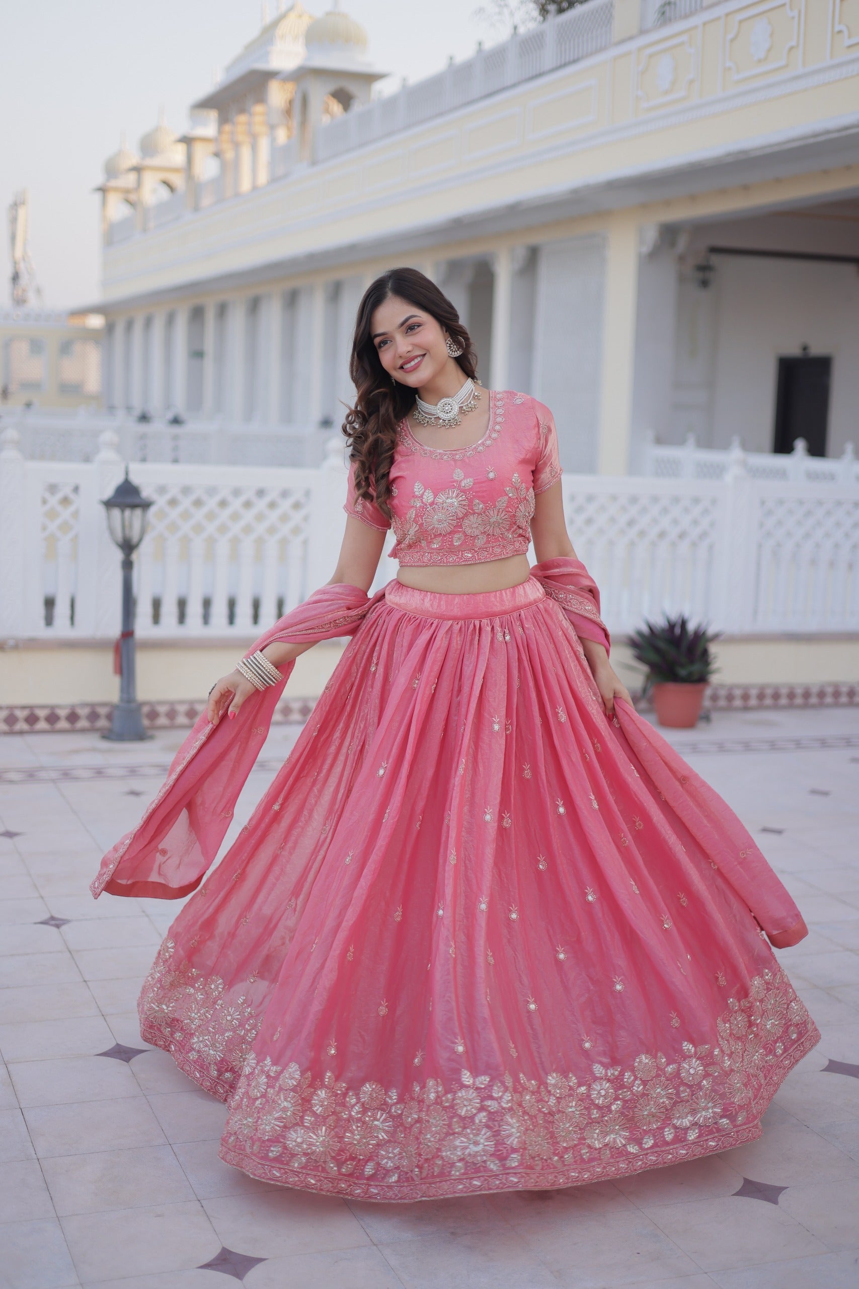 Pink lehenga dupatta with lace border and detailed embroidery
