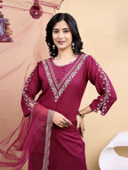 designer kurta set wine embroidery with close up look