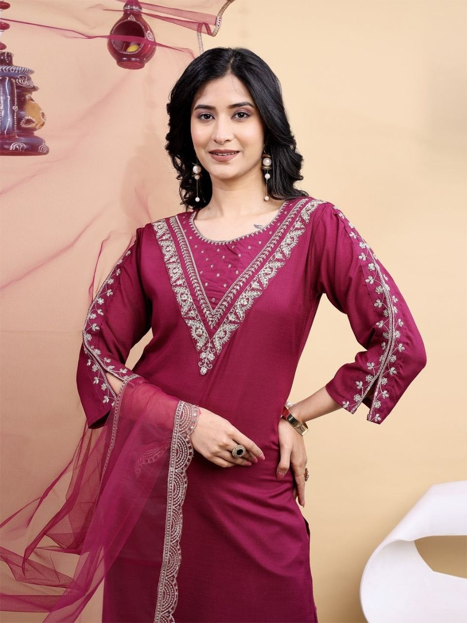 designer kurta set wine embroidery with close up look