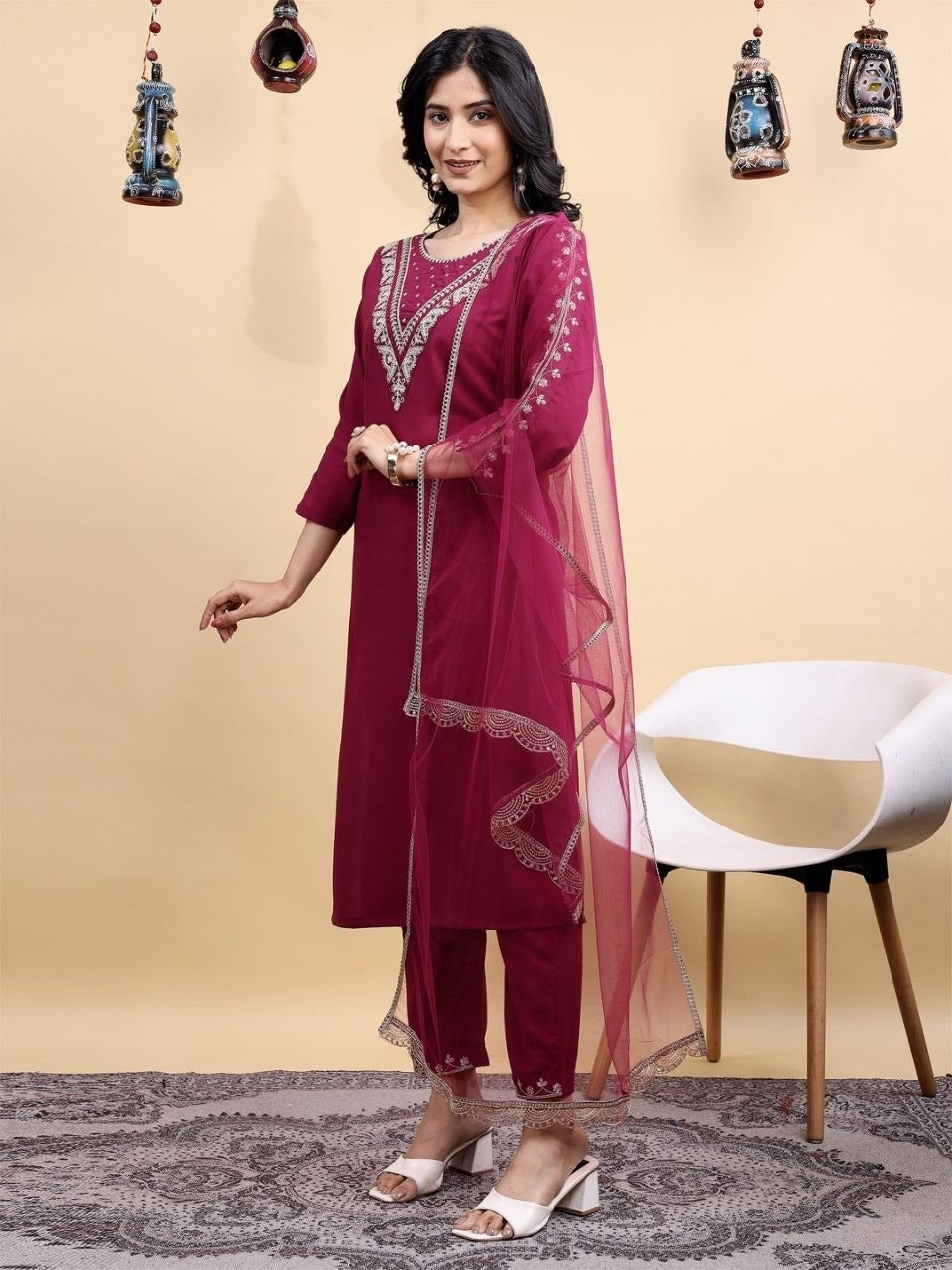 Wine color embroidered kurta pant set with net dupatta for women festive wear  