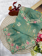 Sea green satin silk saree with multicolor sequins embroidery and cutwork border