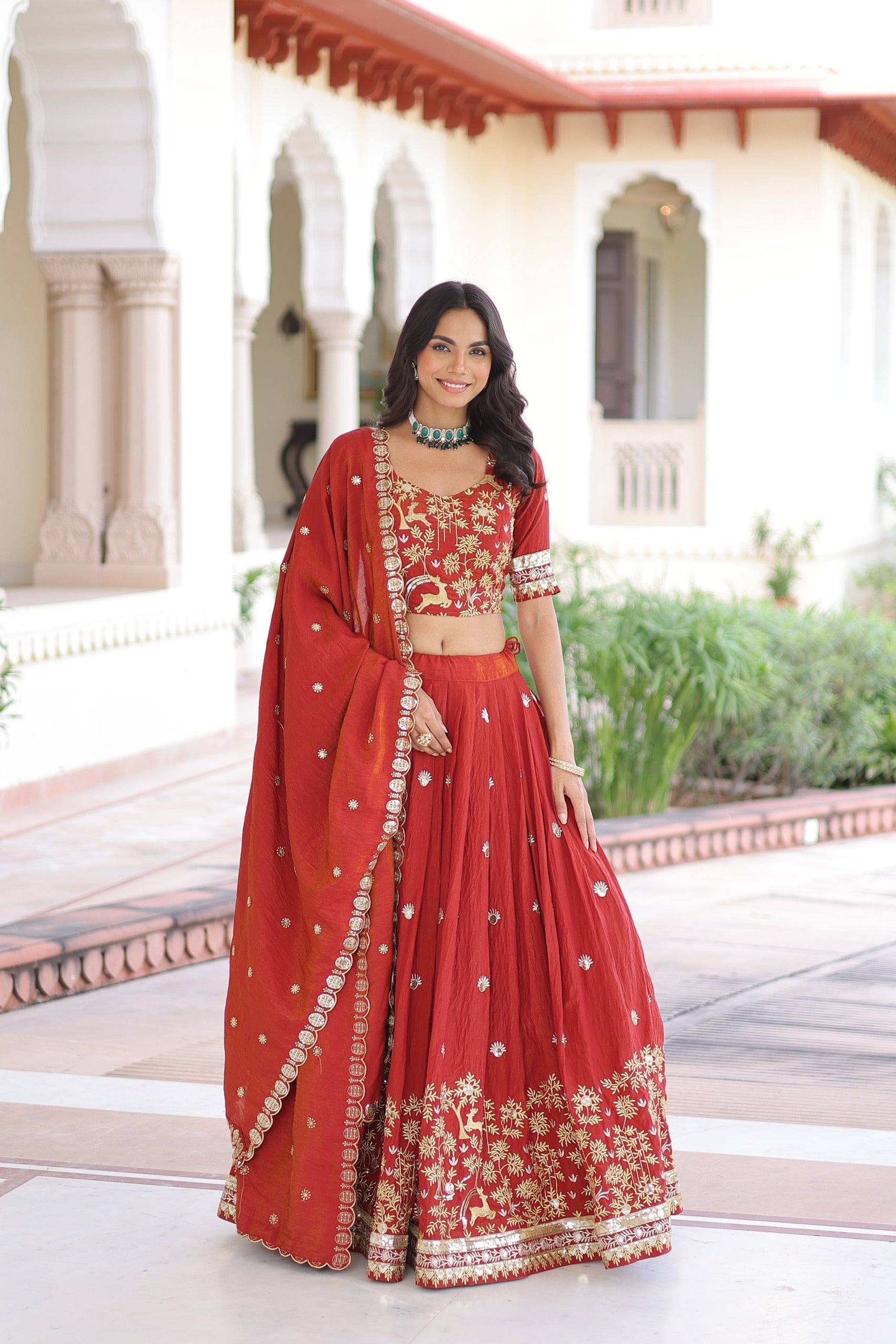 Red Vichitra silk lehenga choli with heavy sequins and thread embroidery
