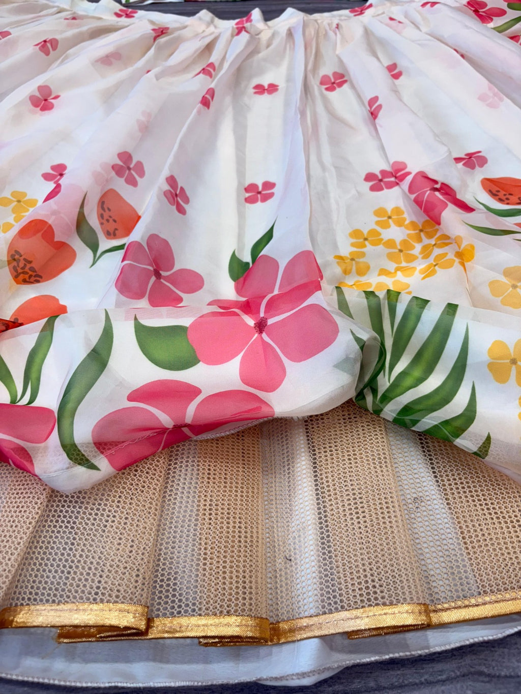 Colorful floral lehenga with heavy flare and cancan
