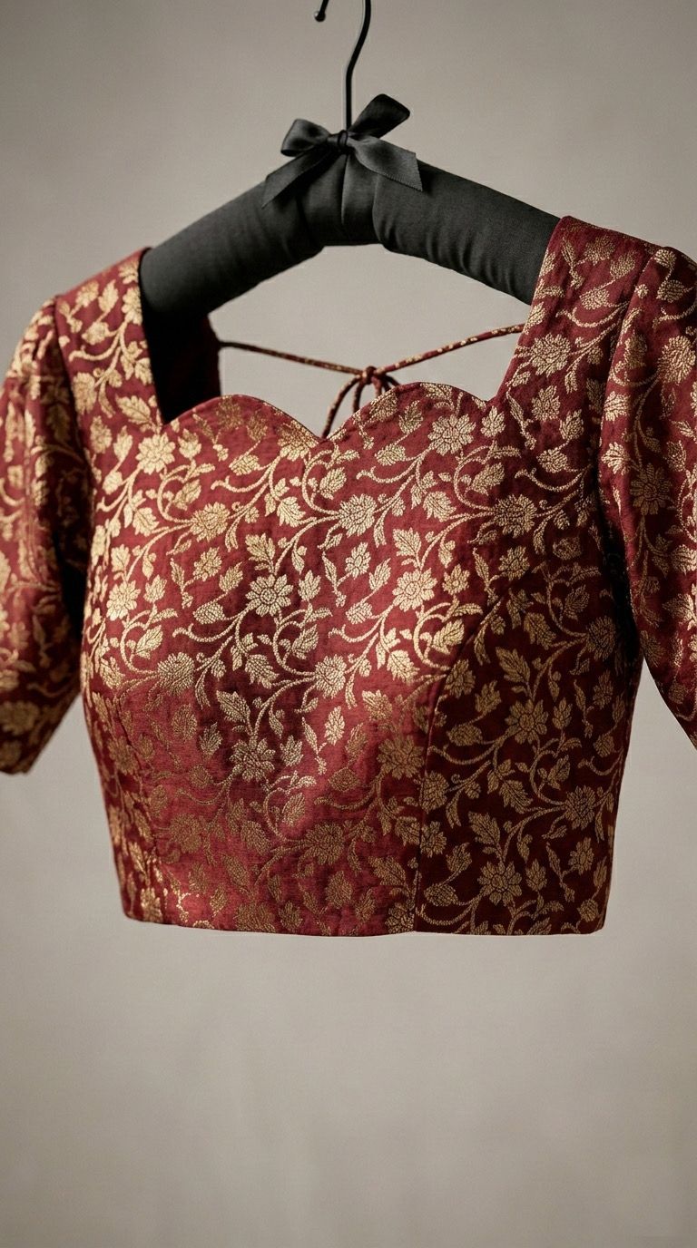 Wine color jacquard blouse with intricate woven design
