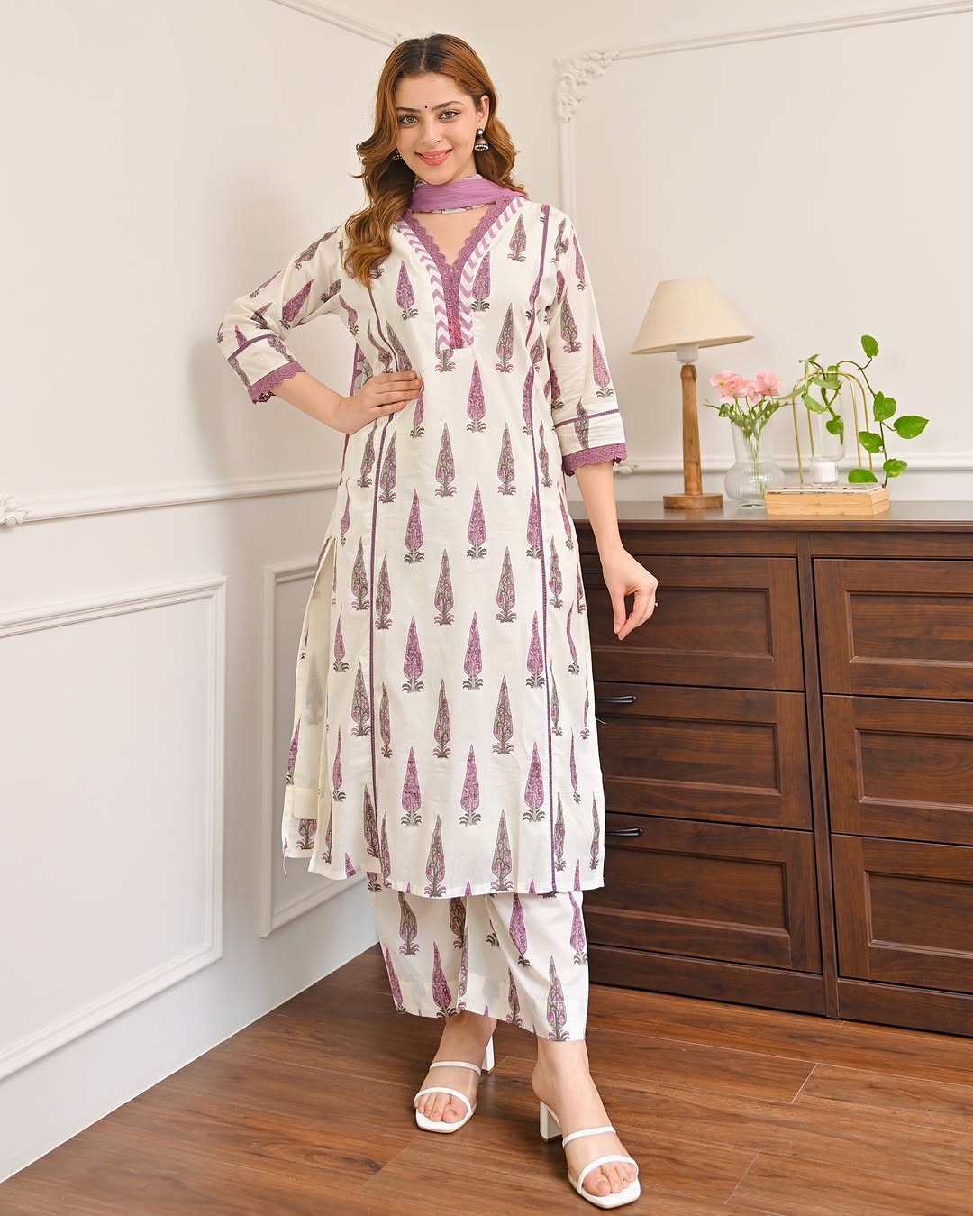 Lavender Jaipuri cotton suit set with mirror work neckline