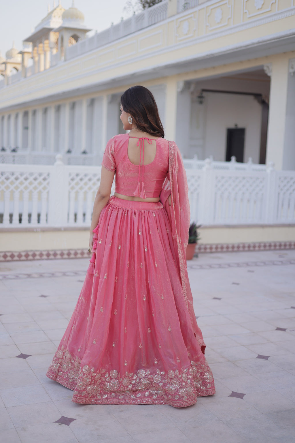 Back design of pink lehenga choli with elegant traditional style