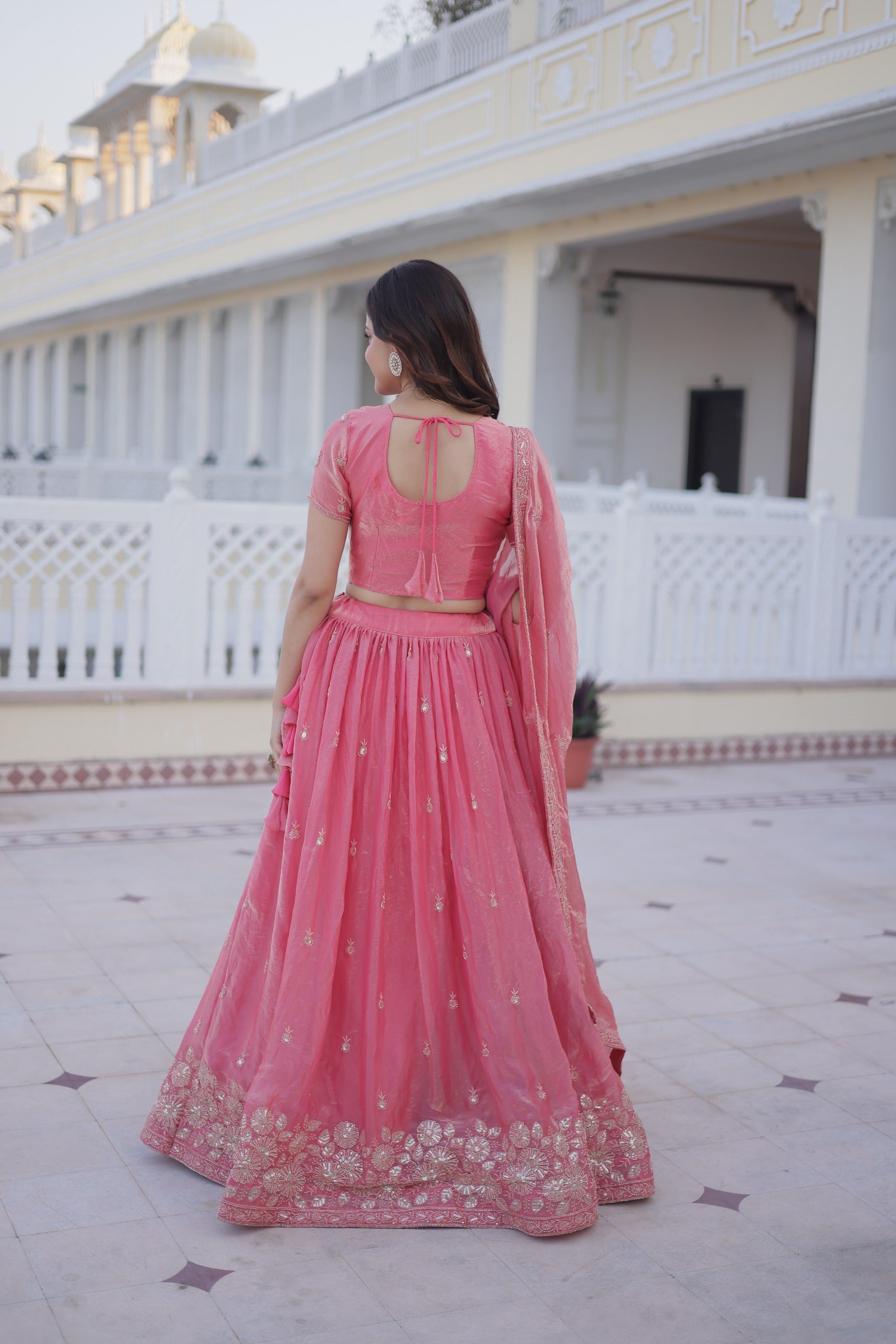 Back design of pink lehenga choli with elegant traditional style