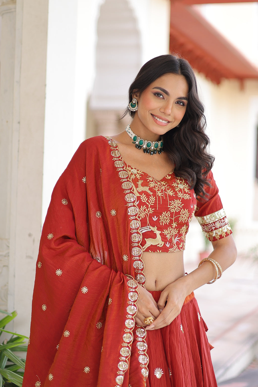 Close-up of embroidery work on Vichitra silk lehenga choli
