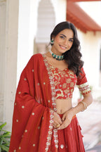 Close-up of embroidery work on Vichitra silk lehenga choli

