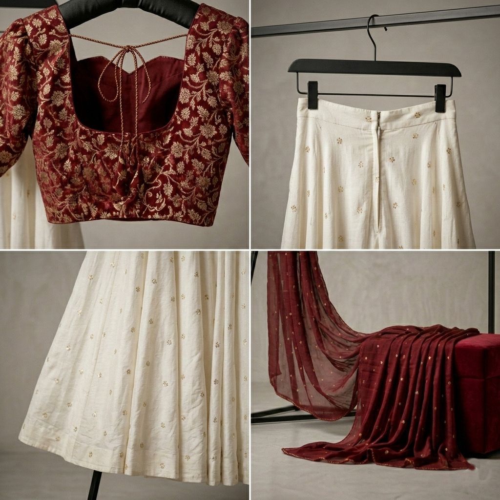 Full lehenga choli set in cream and maroon for wedding wear