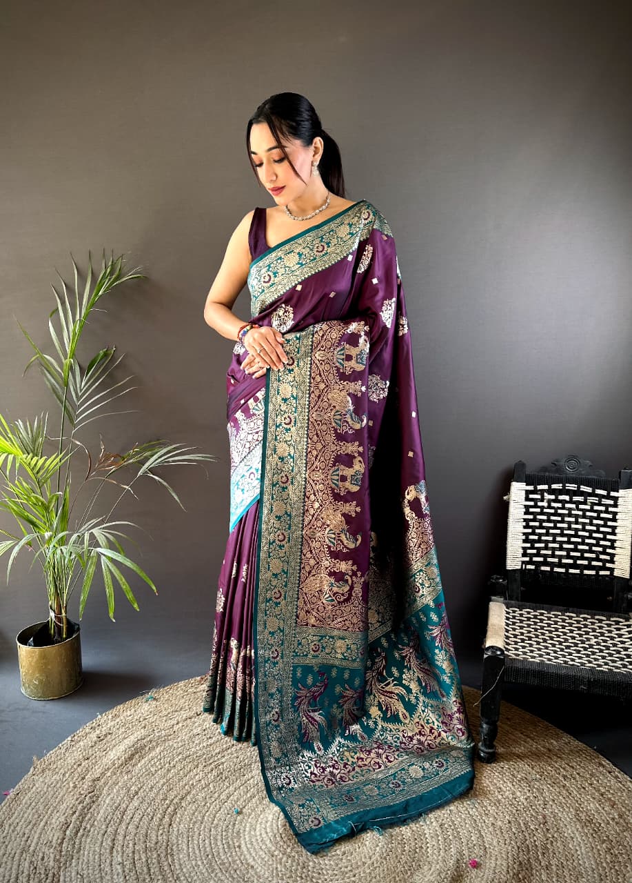Wine color Paithani Banarasi silk saree with golden zari weaving and meenakari peacock design  
