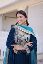 Designer velvet top pant set with dupatta