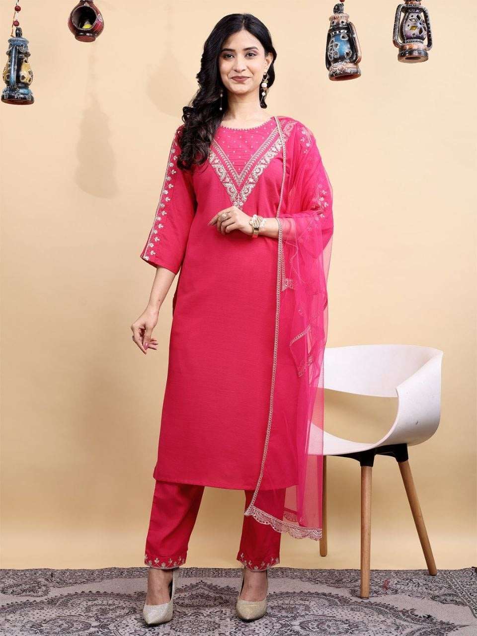 Pink designer kurta pant dupatta set with embroidery work for women  
