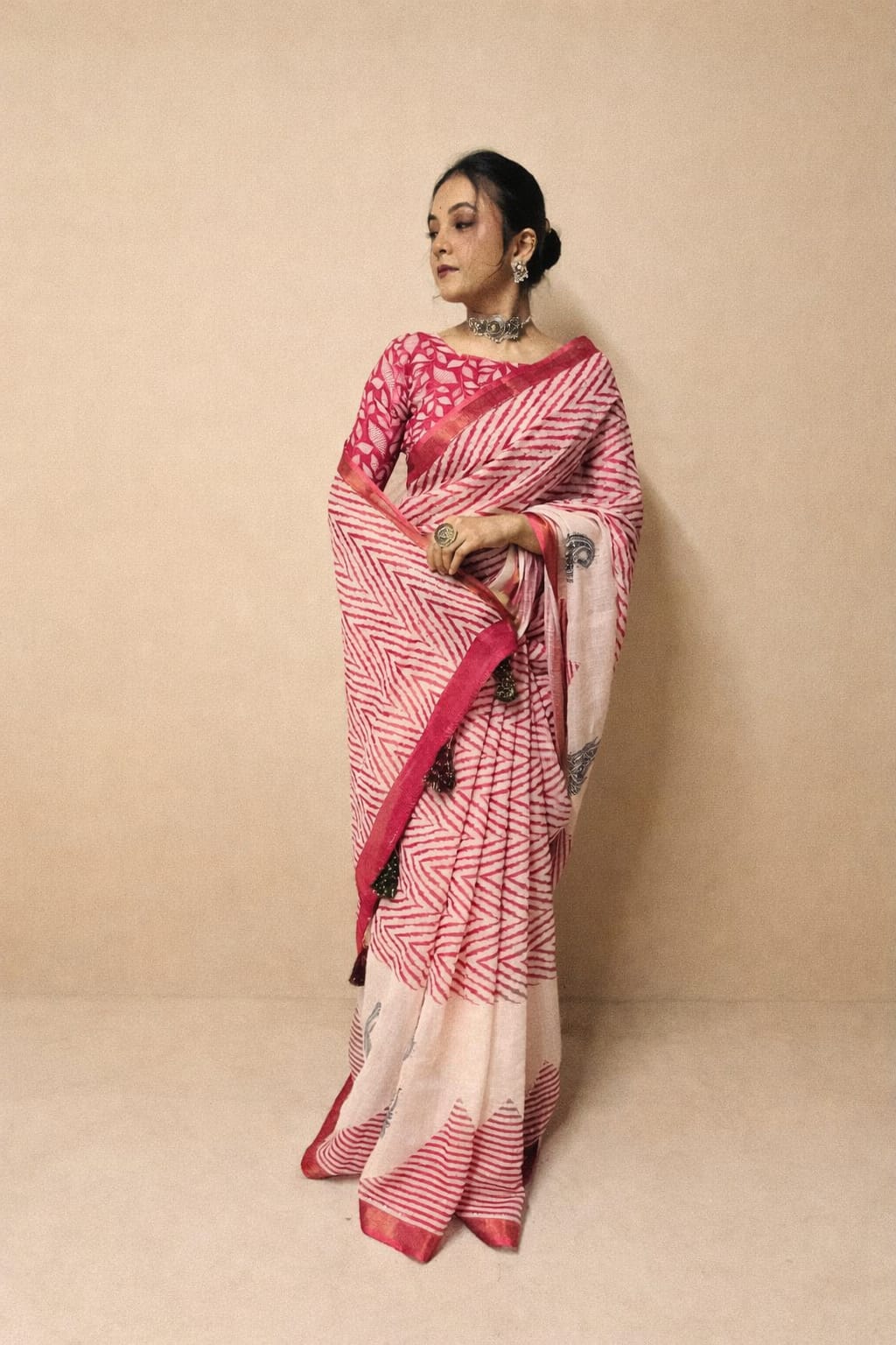 pink linen saree  
