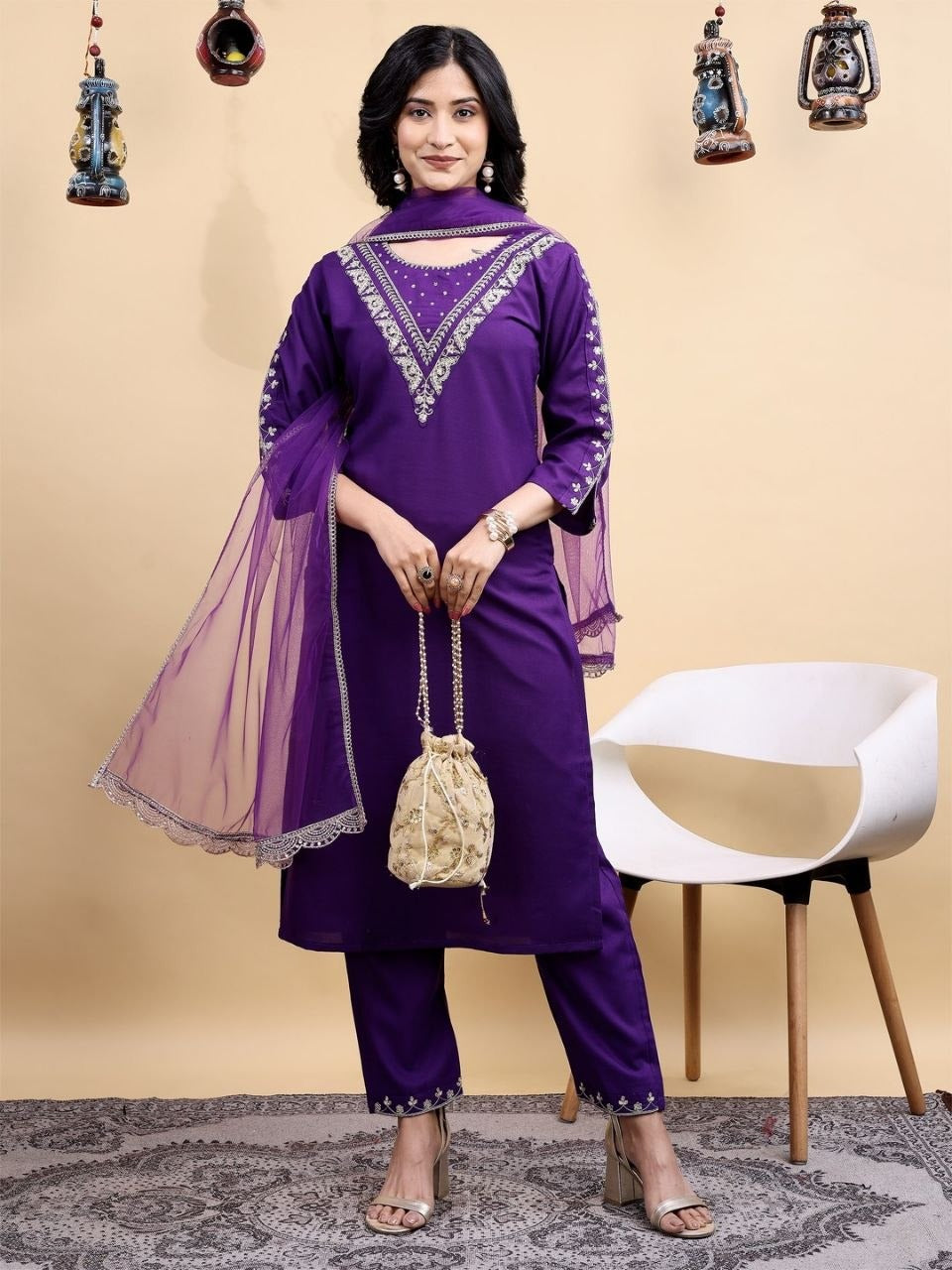 Purple designer kurta set with elegant embroidery and net dupatta for women  